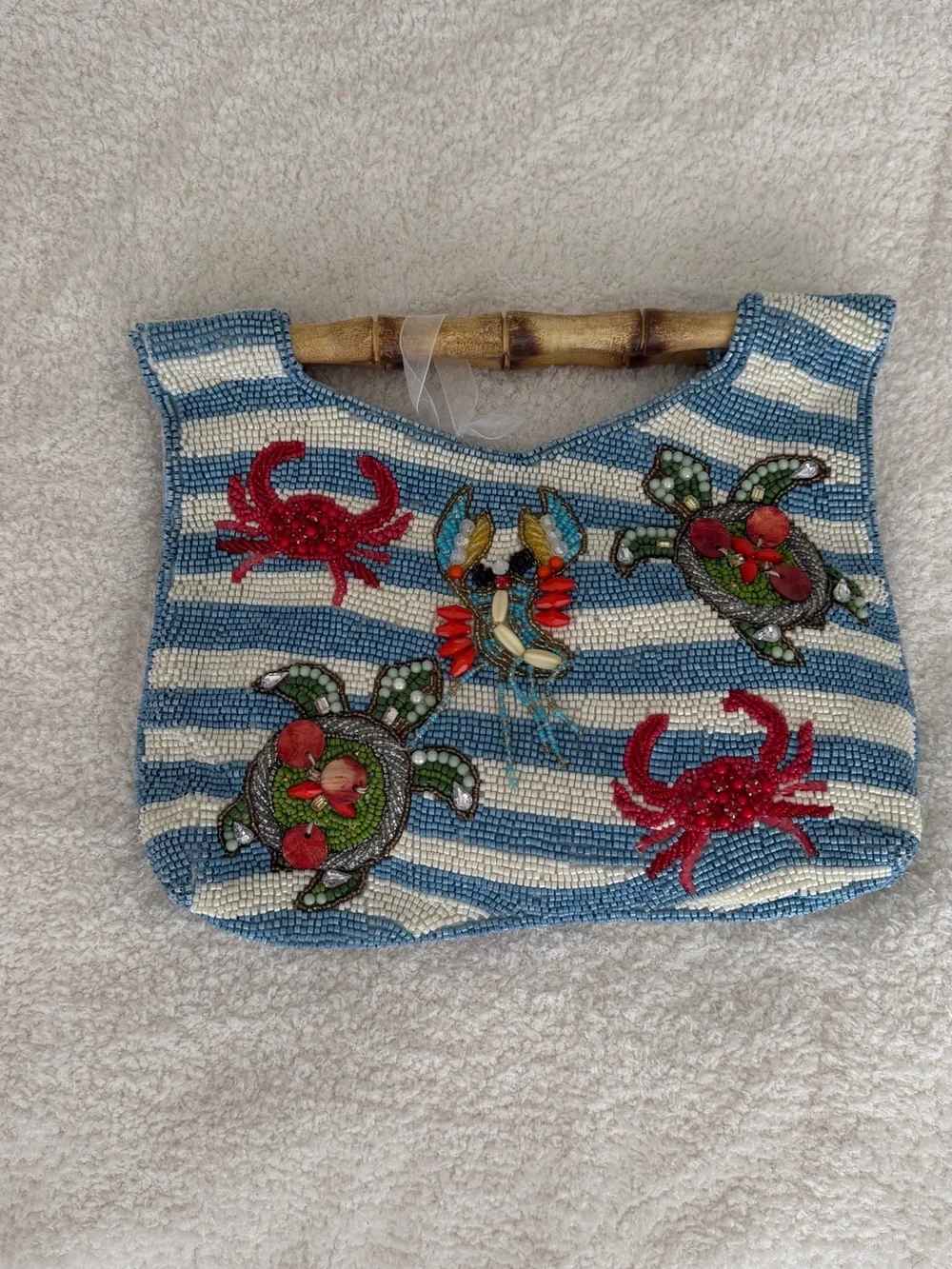 Beaded Blue & White Striped Tote with Marine Embellishments
